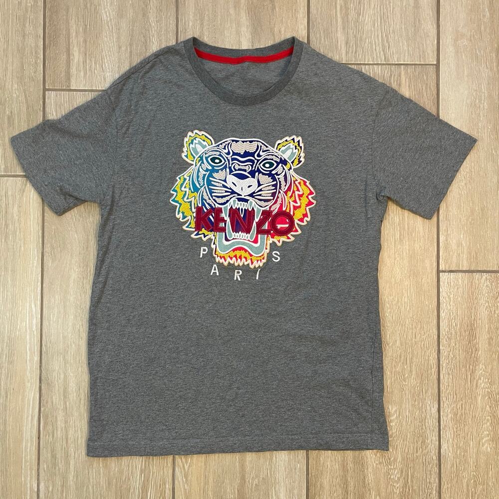 Kenzo Paris Tiger Embroidered Logo T Shirt Mens S Gray Designer Graphic Tee